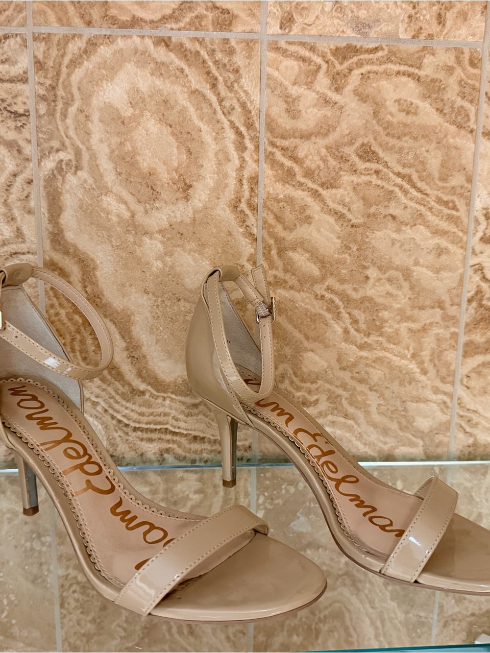 Sam Edelman Nude Patent Ankle-Strap Stiletto Sandals